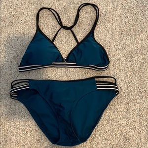Green black and white bikini bathing suit